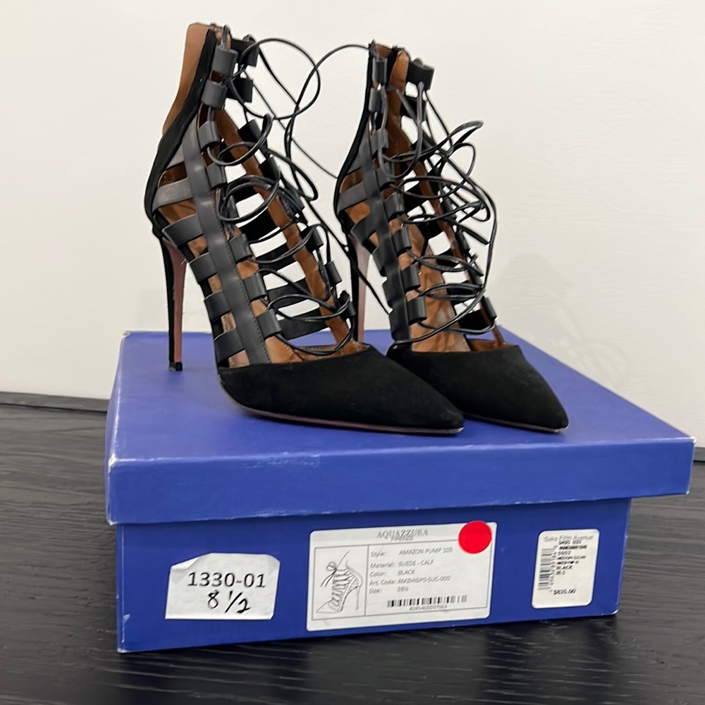 Aquazzura Amazon pump suede black lace up size 38.5